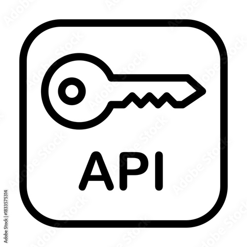 A rounded square line icon featuring an API key with the text API, symbolizing application connectivity, service access, and modern developer tools.