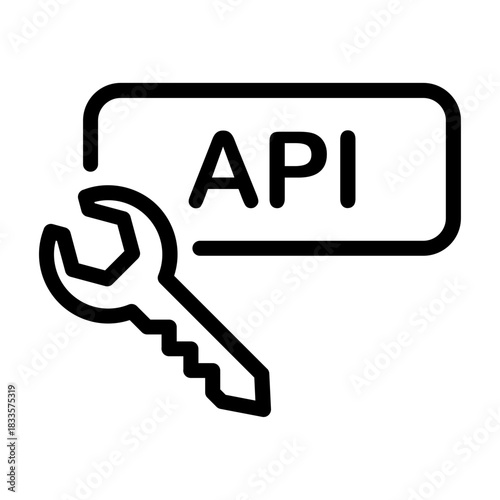 A minimal line icon showing an API key and API label in a floating rectangular bubble, representing lightweight integration and secure endpoints.