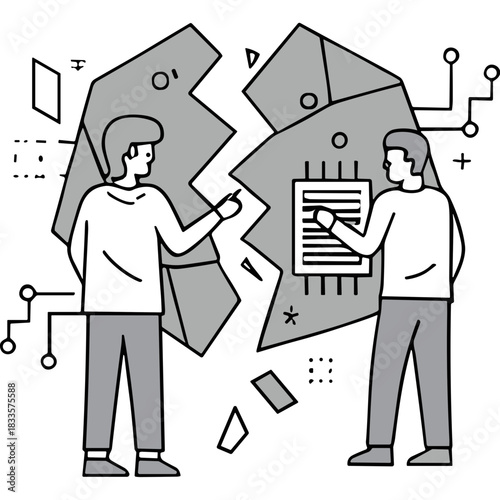 Two Men Discussing a Cracked Document Amidst Abstract Shapes and Technological Elements in a Monochrome Palette Illustrating Disagreement or a Problematic Situation