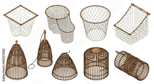 Woven baskets and cages collection with transparent background