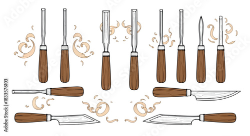 Wood carving tools collection with shavings