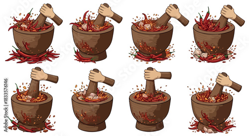 Pounding chili and garlic in a mortar with transparent background