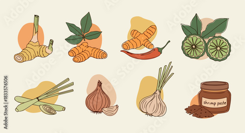 Thai cooking ingredients collection with transparent background