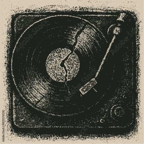 cracked rhythm: a broken vinyl spins beneath the needle’s weight and the hush of analog memory