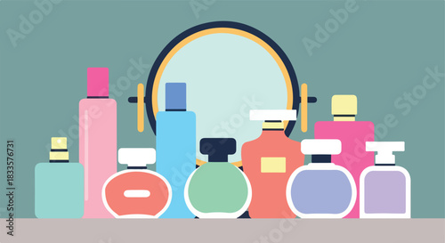 Perfume bottles and mirror arrangement