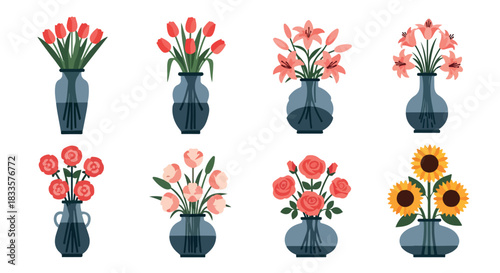Flowers in vases collection with transparent background