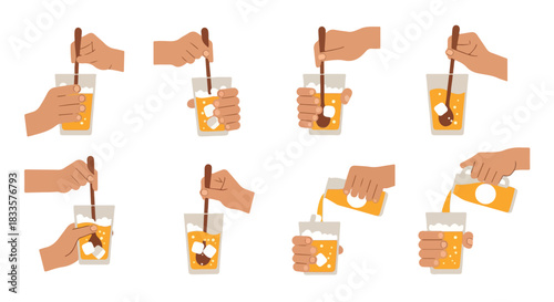 Mixing drink steps with ice and syrup