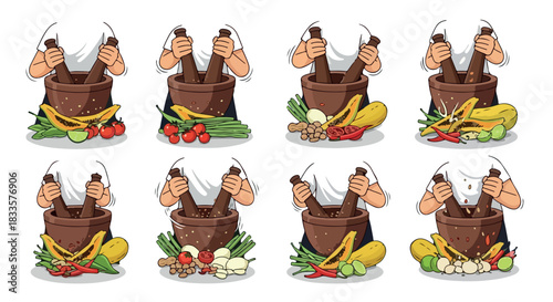 Pounding spices in mortar with various ingredients