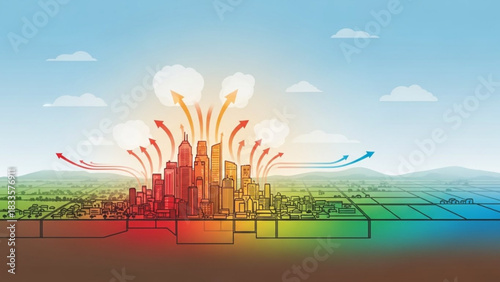 City vs Countryside Climate Comparison – Heat Flow Vector Diagram