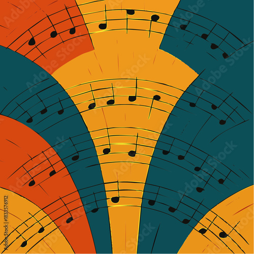 fanlight symphony in orange and teal: curved staves ripple with notes of radiant rhythm