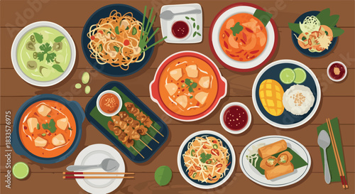 Thai food assortment on wooden table