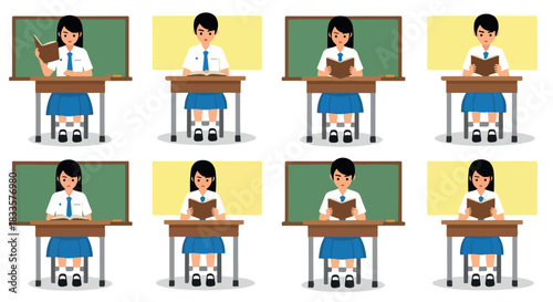 Schoolgirl studying at desk with chalkboard background