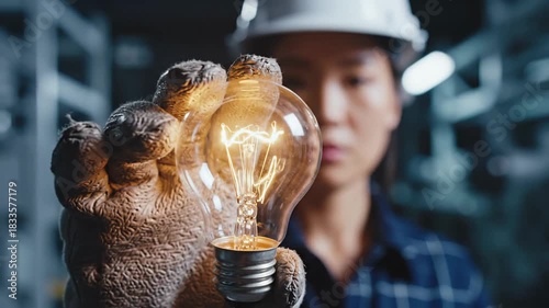 Woman in Hard Hat Holding Light Bulb in Factory.