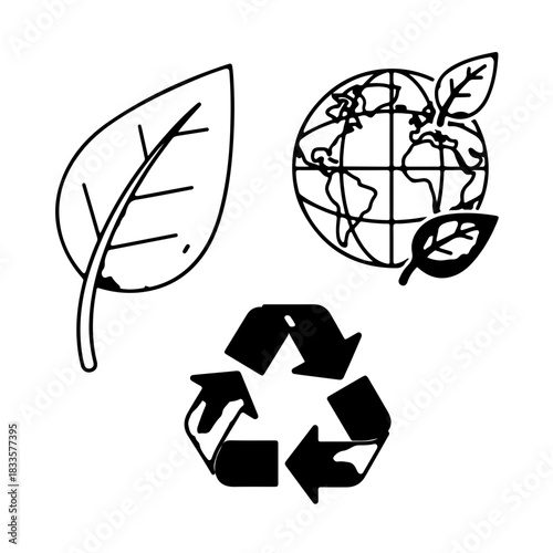 Environmental icons representing sustainability and ecological balance with Earth, leaves, and recycling symbol