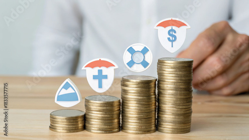Social Security Contribution Concept. Maximize financial security with safety icons above stacked coins, representing protection and growth