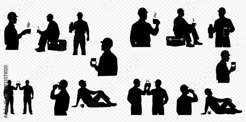 Collection of black silhouettes depicting workers taking a refreshment break, drinking from cups and thermoses in various poses.