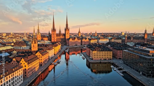 Aerial view of stockholm cityscape with historic building spires reflected in the calm water canal during sunset
