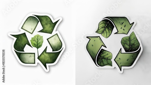 Two stylized recycling symbols with leaves
