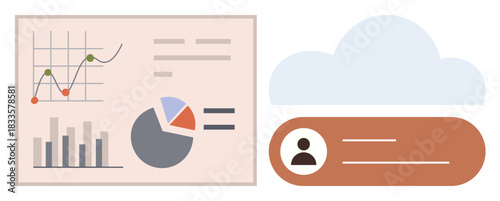 Graphs, bar chart, and pie chart on left panel with user profile tab and cloud on right. Ideal for analytics, user data, tech, business, cloud computing, management simple flat metaphor
