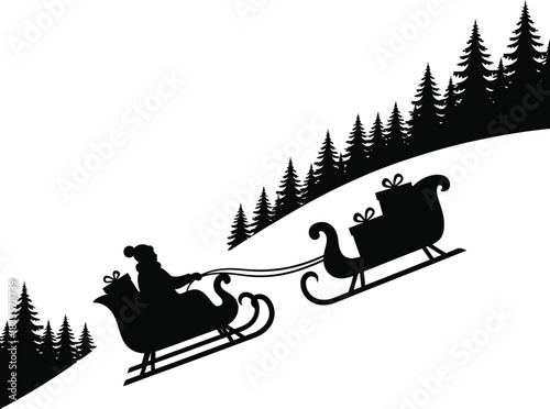 Christmas Sleigh Gliding Across Snowy Hill – Black and White Winter Silhouette Vector Art