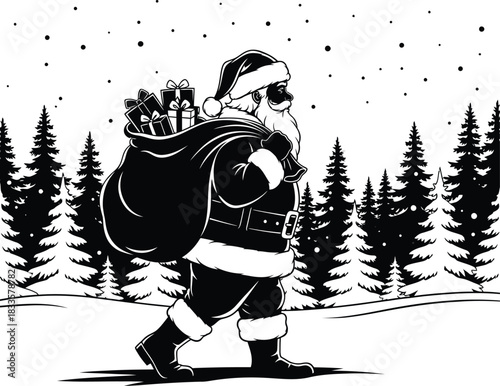 Santa Claus Walking Through Snowy Forest with Gift Sack – Black and White Christmas Silhouette Vector Art