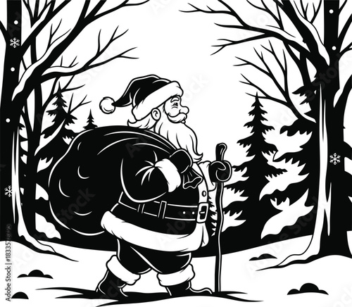 Santa Claus Walking Through Snowy Forest with Gift Sack – Black and White Christmas Silhouette Vector Art