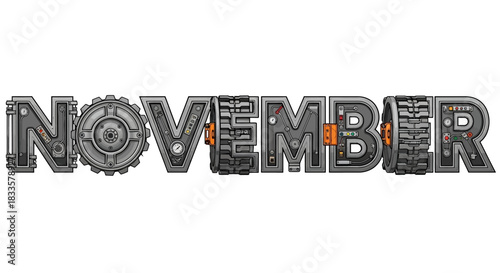 Steampunk November Text with Gears Gauges and Industrial Details.