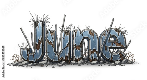 Post-apocalyptic word June as a crumbling concrete ruin with exposed rebar and rubble.