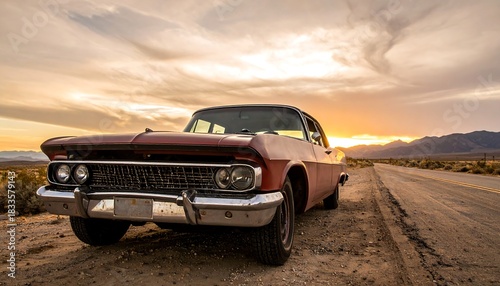 Vintage car at sunset on a desert road