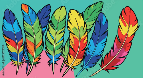 Colorful feathers collection isolated on teal background