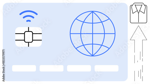 Digital payments, global commerce, wireless transactions, smart technology, modern banking, data security. A chip card with a globe, wireless icon and upward arrow. Digital payments and global