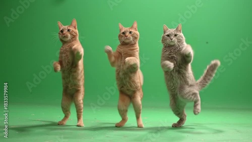 Three funny domestic cats, two ginger and one grey, dancing on their hind legs against a green screen.