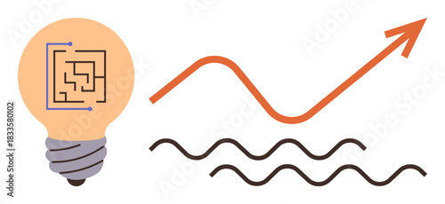 Lightbulb with maze signifies creativity, orange upward arrow for growth, wavy lines for obstacles. Ideal for innovation, problem solving, strategy, planning, progress, success simple flat metaphor