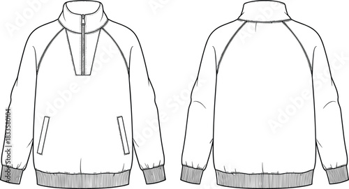 Children's Zip-up Hoodie Sweatshirt CAD Drawing Flat Vector Illustration Front and Back View Hooded Jumper Full Zipper Pouch Pocket Technical Fashion Apparel Garment Template