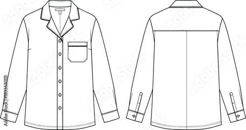 Classic Pajama Shirt CAD Drawing Flat Vector Illustration Front and Back View Long Sleeves Button Down Collared Sleepwear Sleep Top Garment Template Fashion Design