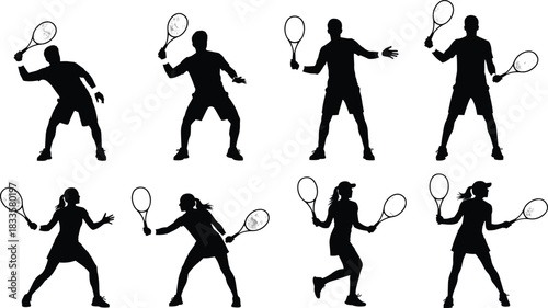 Collection of tennis players silhouettes, vector illustration set showing men and women in various poses for sports, fitness, and competition graphic design
