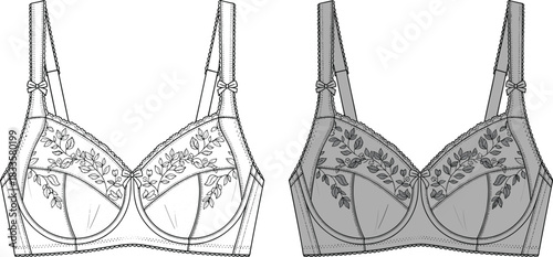 Full Coverage Lace Bra Technical Flat Sketch CAD Drawing, Lingerie Underwire Fashion Illustration Vector, Embroidery Detail Front View Mockup, Design Template