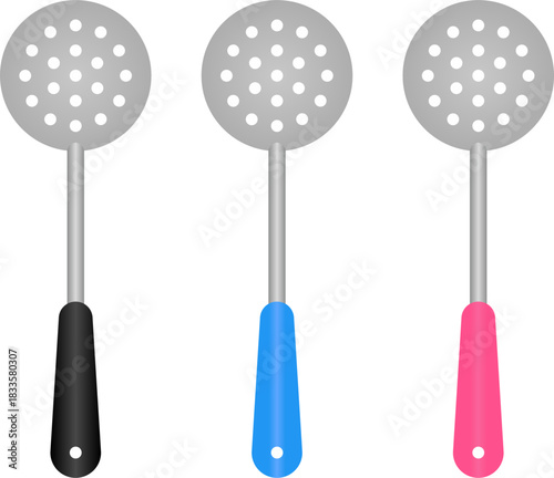 Minimal kitchen skimmer utensil icon set with black, blue, and pink handles. Perfect for cooking apps, recipe designs, kitchen branding, food illustrations, and culinary graphics.