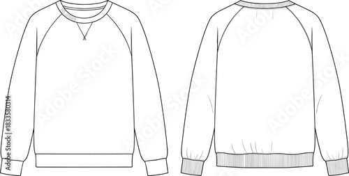 Technical fashion flat template design illustration, classic unisex cotton raglan sleeve crew neck sweatshirt, front and back blank view apparel technical drawing.