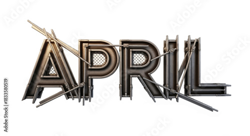 Industrial metallic 3D text APRIL with riveted details mesh accents and a distressed steampunk aesthetic.