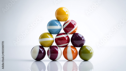 白背景でビリヤードボールが積み上げられたピラミッド構図