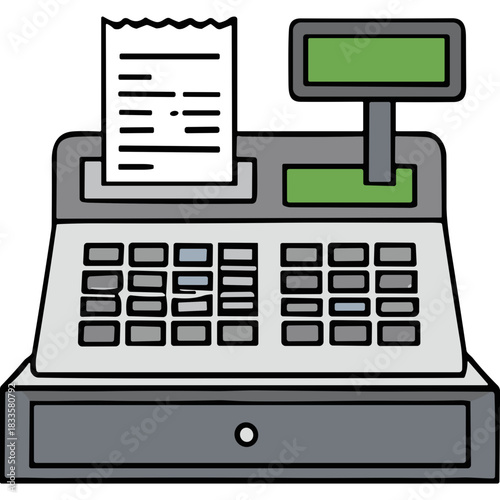 Vintage gray cash register machine with a green display and a receipt showing number 7043 on a black background a retro style retail equipment