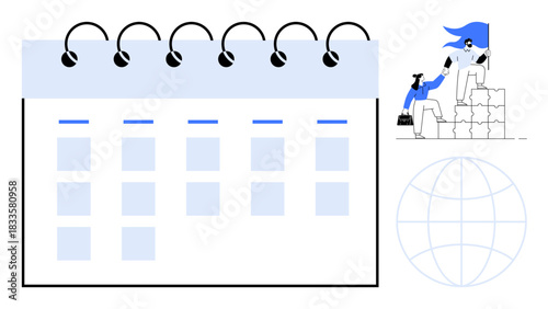 Project planning, teamwork, leadership, global collaboration, scheduling, organization. Minimalist calendar layout with figures on stacks and a globe design. Project planning and teamwork concepts