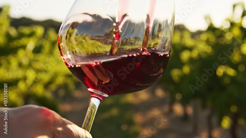 Pouring Red Wine into a Glass in a Vineyard Setting.