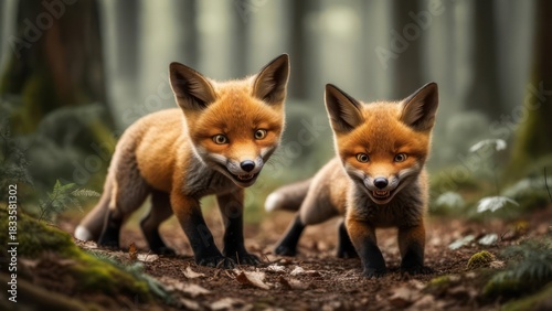 Two playful red fox kits in a misty forest