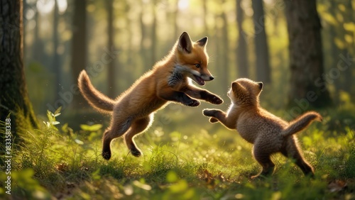 Two playful red fox kits leap in a sunlit forest