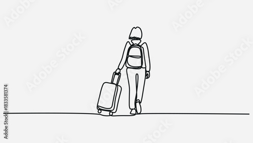 Continuous line drawing of traveler man with luggage.