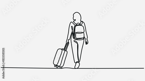 Continuous line drawing of traveler man with luggage.