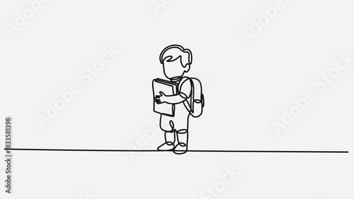 School Boy Holding Books Line Art