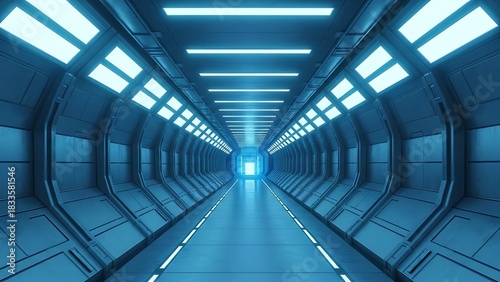 Fototapeta Naklejka Na Ścianę i Meble -  Corridor tunnel of space station ship, glowing futuristic panels of blue color, metal walls reflection of light. Podium stage long way.